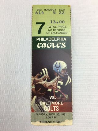 Vintage 1981 Nfl Baltimore Colts Vs Philadelphia Eagles Ticket Stub Football