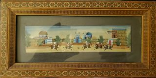Vintage Persian Khatam Painting Inlaid Wood Frame Marquetry Polo Horse Scene