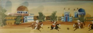 Vintage Persian Khatam Painting Inlaid Wood Frame Marquetry Polo Horse Scene 2