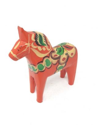 Vintage Swedish Red Wooden 5” Dala Horse Hand Painted/carved Cloth Label
