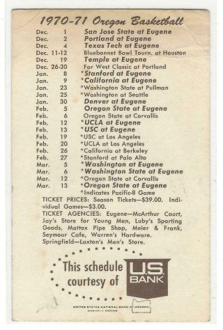 1970 - 71 OREGON DUCKS Basketball Pocket Schedule 2
