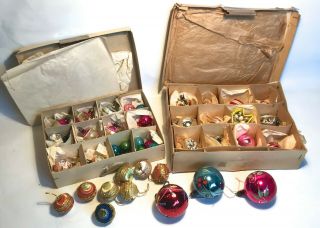 2 Vintage Boxes Glass Christmas Xmas Baubles & Silk Covered Old 1960’s & 1970’s