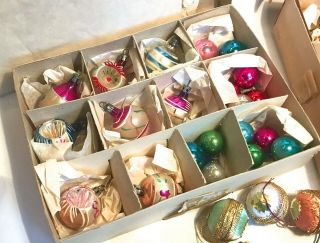 2 Vintage Boxes Glass Christmas Xmas Baubles & Silk Covered Old 1960’s & 1970’s 2