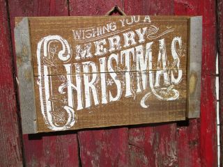 Primitive MERRY CHRISTMAS Chalk Couture retired wood sign vintage antique 3