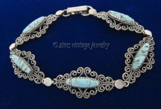 Vintage 1950’s Art Deco Style Blue Art Glass Sterling Silver Filigree Bracelet