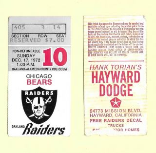1972 Oakland Raiders Vs Chicago Bears Ticket Stub At The Oakland Coliseum