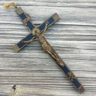 Vintage Antique Large Brass Wood Crucifix Cross Jesus Pendant Skull Cross Bones