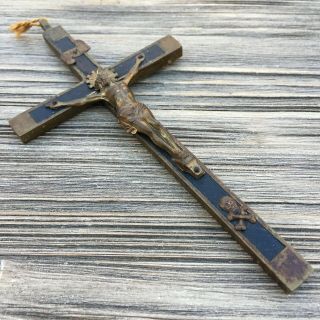 Vintage Antique Large Brass Wood Crucifix Cross Jesus Pendant Skull Cross Bones 2