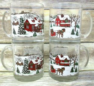 Libbey Winter Village Christmas Mugs Vintage Usa Glass Mug Set Of 4 Horse Sleigh