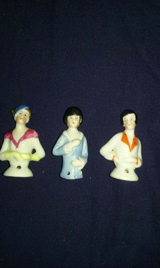 Three Vintage German Porcelain Flapper Half Dolls Pincushion