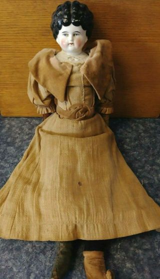 Antique Brunette Agnes China Doll 18 Inch Germany Leather Hands And Blue Boots