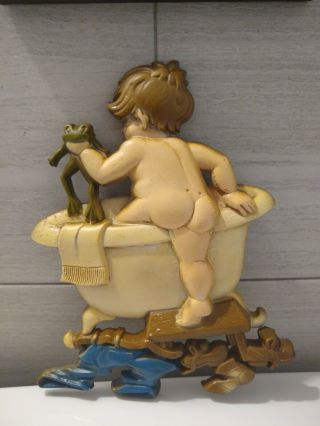 Vintage 1975 Sexton Boy In Bath W/ Frog Cast Metal Wall Hanging Naked Baby Butt