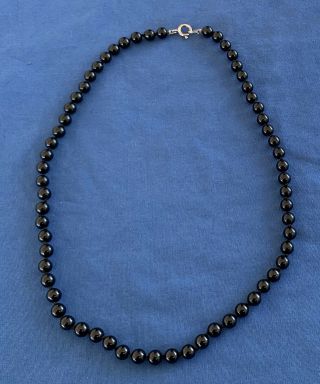 Vintage Estate Black Onyx Beads Sterling Silver Clasp 18” Necklace Hand Knotted