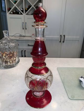 Vintage Cranberry And Gold Blown Glass Decanter Genie Bottle 16” Tall