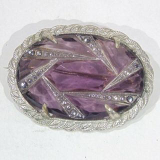Vintage Art Deco Era Czech Molded Faceted Amethyst Purple Glass Oval Pin Brooch