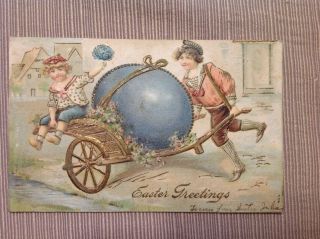 Vintage Easter Greetings Embossed Postcard Boys Wheelbarrow Franklin Scott 300
