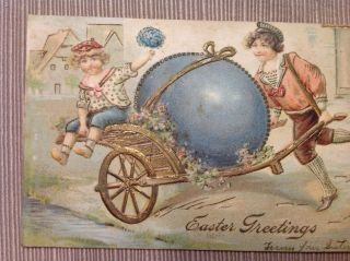 Vintage Easter Greetings Embossed Postcard Boys Wheelbarrow Franklin Scott 300 2