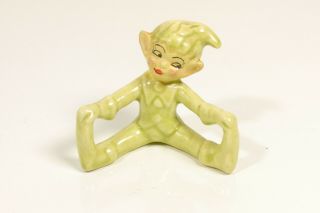Whimsical Vintage Green Ceramic Pixie Elf Gnome Seated Figurine
