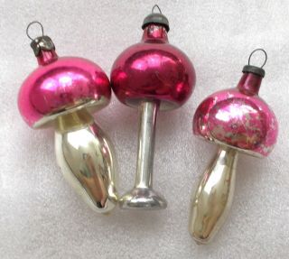 3 Old Vintage Russian Ussr Silver Glass Christmas Ornaments Decoration Mushrooms