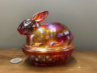 Vintage Bunny Nesting Dish,  Carnival Glass Red Rabbit
