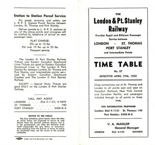 London & Port Stanley Ry System Interurban Passenger Time Table,  April 27,  1952