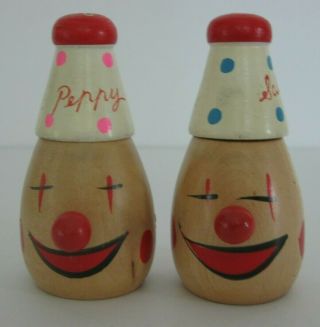 Vintage Wooden Clown Salt & Pepper Shakers,  Salty And Peppy,  Japan