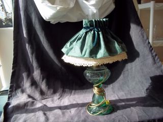 Antique Green Glass Table Lamp,  Chimney & Fabric Shade Converted Oil To Electric