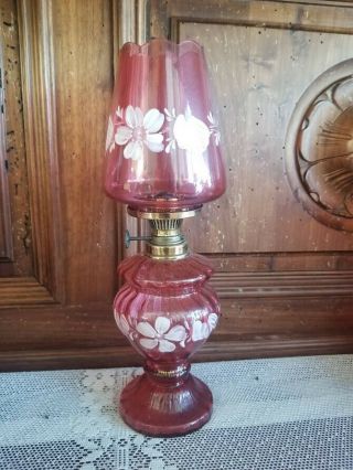 Rare Miniature Antique Gwtw Cranberry Oil Lamp W/ Hand Painted Floral Motif