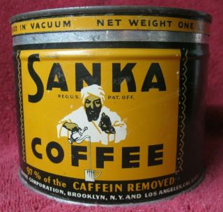 Antique Sanka 1lb Coffee Tin Litho Can Brooklyn Ny Los Angeles,  Cal Usa Vintage