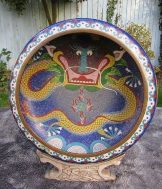 Fine 19thc Antique Chinese Cloisonne Bowl / Dish - Dragon Decoration