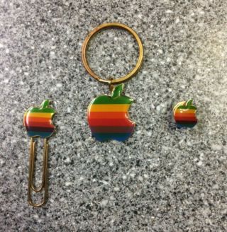 Vintage Macintosh Rainbow Stripe Apple Keychain Key Ring Tie Tack Pin Paperclip
