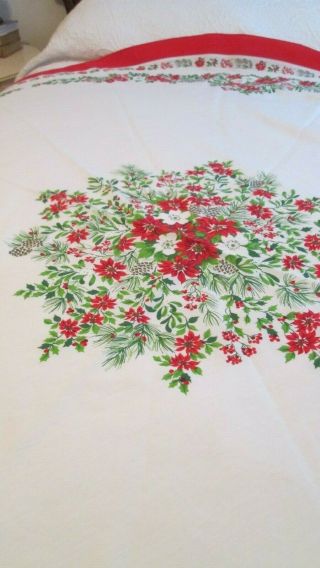 Christmas Tablecloth Round 70 " White Border Holly Poinsettia Vintage Look