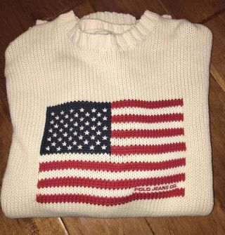 Vintage Ralph Lauren Polo Usa Flag Knit Sweater Sweatshirt Stadium Bear P Wing