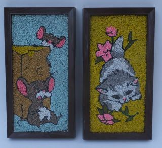 Vintage Mid Century Modern Kitch Gravel Art Mice & Kittens
