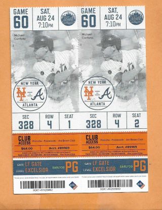 Ny Mets Vs Braves Ticket Stub Aug 24,  2019 Pete Alonso Ties Mets Hr Record @ 41