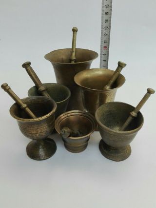 Vintage Pestle Mortar 6 Brass Set Apothecary Antique Solid Heavy Pharmaceutical