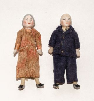 2 Antique Victorian Grandma & Grandpa Bisque German Dollhouse Doll Jointed 3 " H