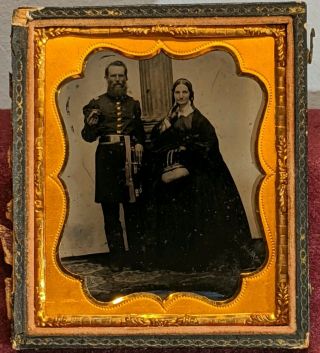 Antique Civil War Tintype Photo / 1/6 Plate / Union Officer W/ Sword / Wife