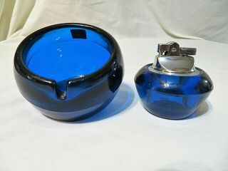 Vintage Mid Century Viking Glass Blue Lighter Ashtray Table With Labels Space