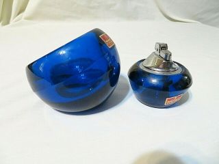 VINTAGE MID CENTURY VIKING GLASS BLUE LIGHTER ASHTRAY TABLE WITH LABELS SPACE 3