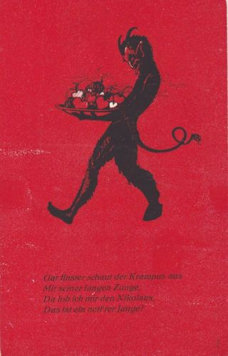 Old Vintage Postcard Christmas Krampus Holding Tray Of Hearts