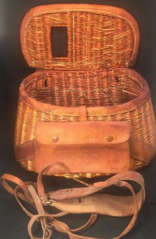 Vintage Antique Trout Fly Fishing Creel Basket Willow Wicker Leather Pouch Fish