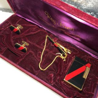 Vintage Roy King Gas Lighter Tie Pin Cufflinks Set Gold Black Lacquer Cartier