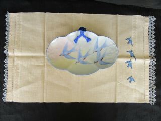 Antique W G & Co Limoges France Blue Bird Vanity Tray W/ Towel,  Artist Signed