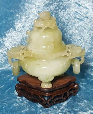 Antique Chinese Jade Hardwood Carved Stand With Incense Burner Qing.  Nr