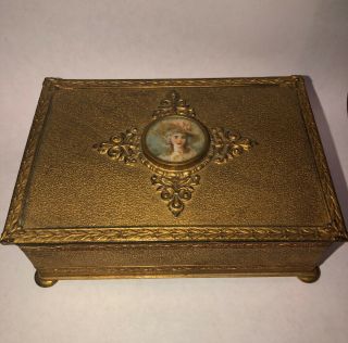 Vintage Ornate Apollo Brass Gold - Tone Ormolu Jewelry Box Dresser Vanity Cameo