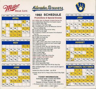 Milwaukee Brewers 1992 Sga Magnetic Schedule Opening Day Milw.  County Stadium