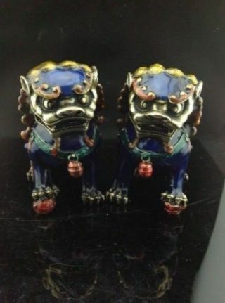 A Pair Chinese Antique Cloisonne Copper Hand - Carved Lion Statue