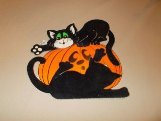 Vtg Halloween Diecut Cardboard Decoration Black Cats Jol Pumpkin Flocked Fuzzy