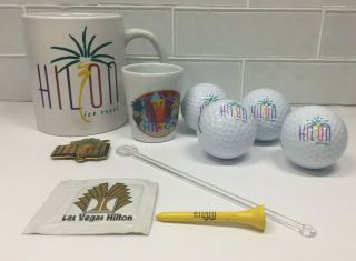 Vintage Las Vegas Hilton Casino 10 Pc Mug Shot Glass Golf Balls Tee Magnet Q